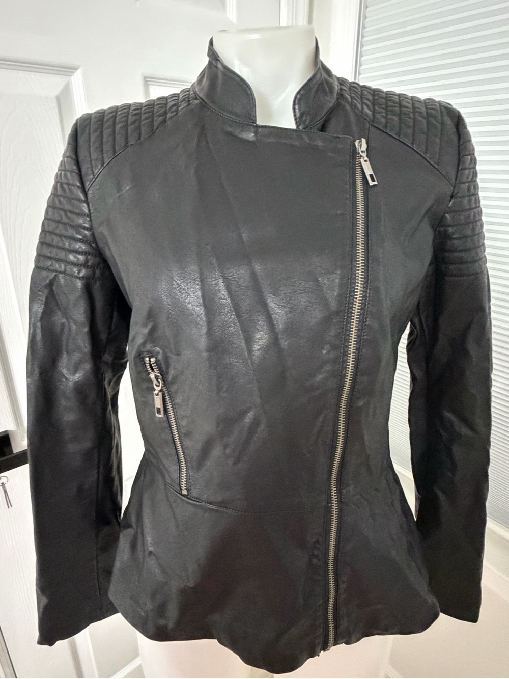 Women’s Black Quilted Shoulder Leather Jacket with Asymmetrical Zip